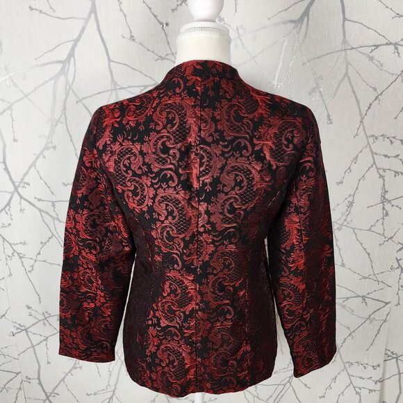 Chico's Red Black Floral Brocade Jewel Pocket Blazer - Picture 7 of 9